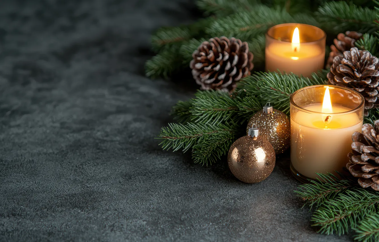 Photo wallpaper balls, branches, new year, candles, Christmas, grey background, needles, bumps