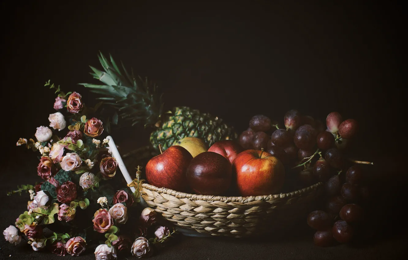 Photo wallpaper flowers, the dark background, apples, roses, bouquet, grapes, fruit, pineapple