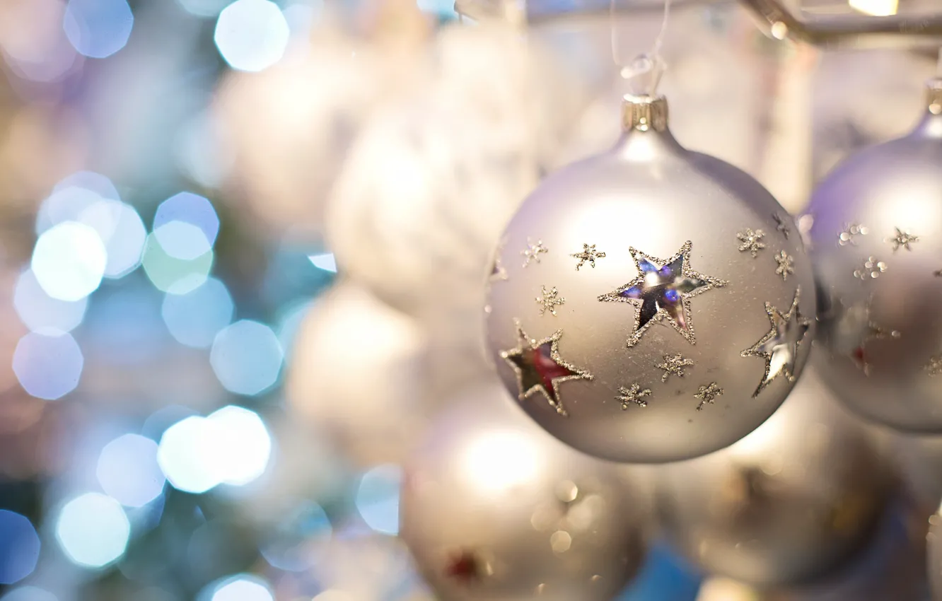 Photo wallpaper balls, holiday, ball, Christmas, New year, stars, bokeh, silver