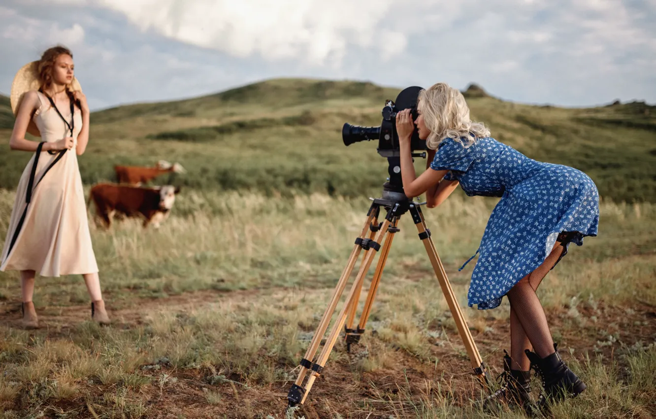 Photo wallpaper grass, girl, hills, dress, the camera, George Chernyadev, Georgy Chernyadyev, Olya Shutilina
