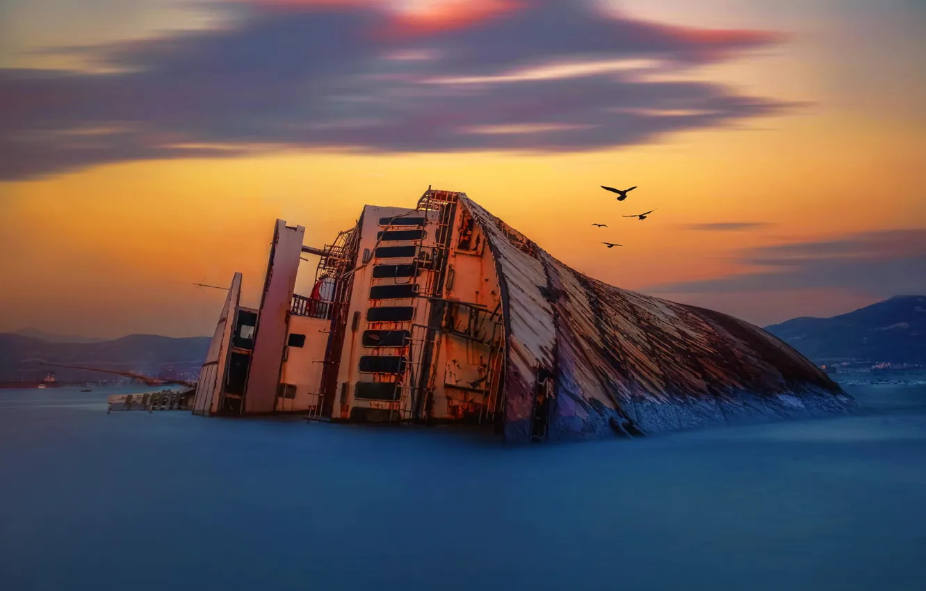 Photo wallpaper sea, dawn, shore, ship, stranded, shipwreck