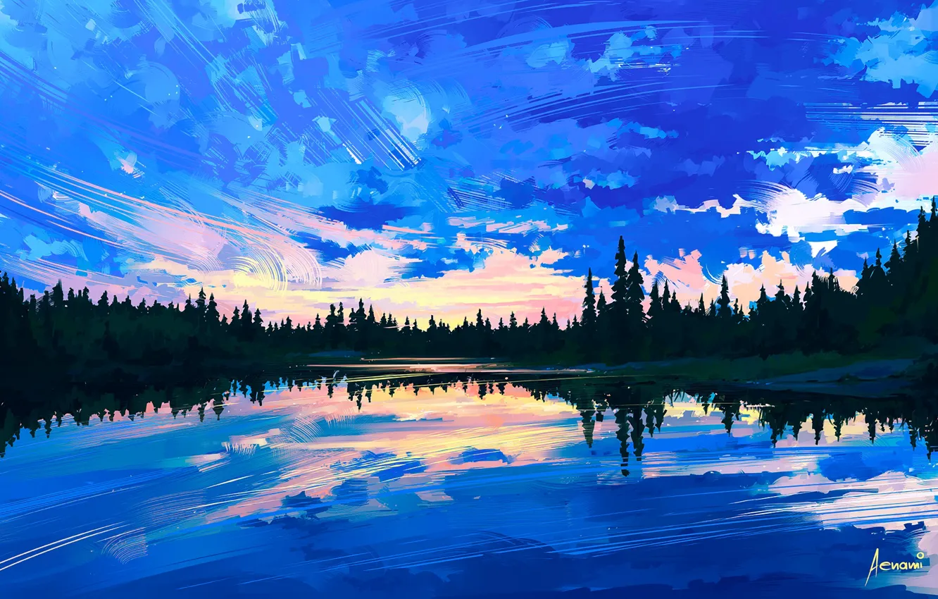 Photo wallpaper the sky, water, clouds, trees, reflection, art, painting, nature. landscape