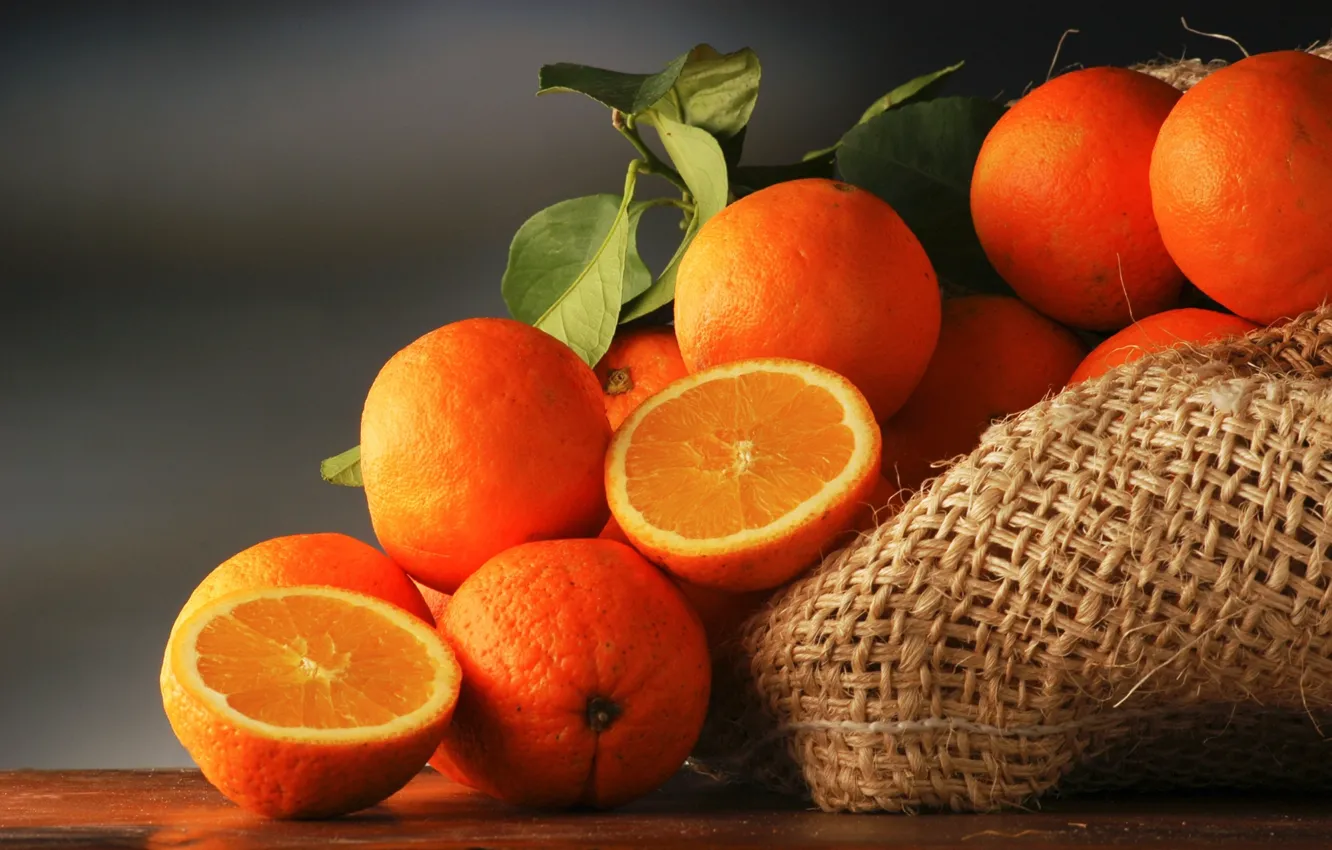 Photo wallpaper leaves, oranges, fruit, bag, citrus
