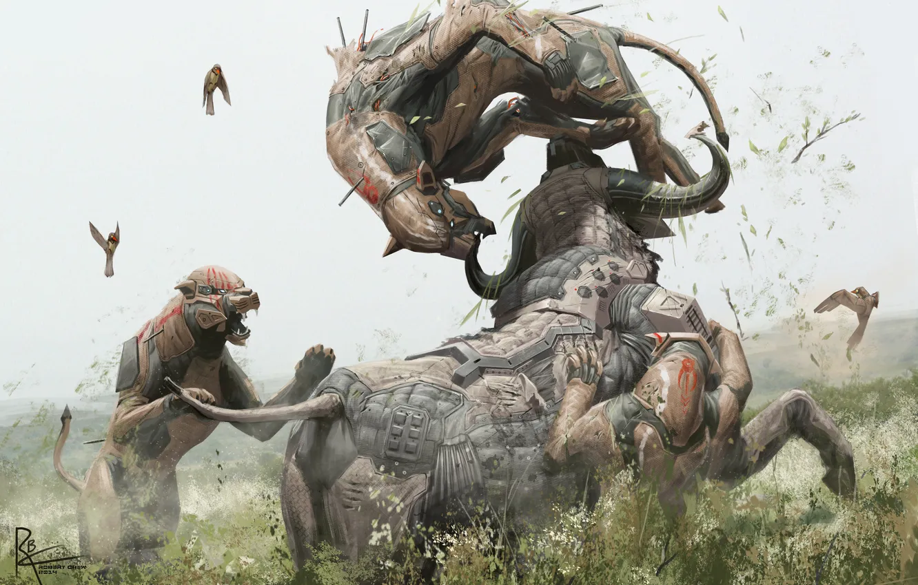 Photo wallpaper cat, bird, robot, predator, art, horns, hunting, Buffalo