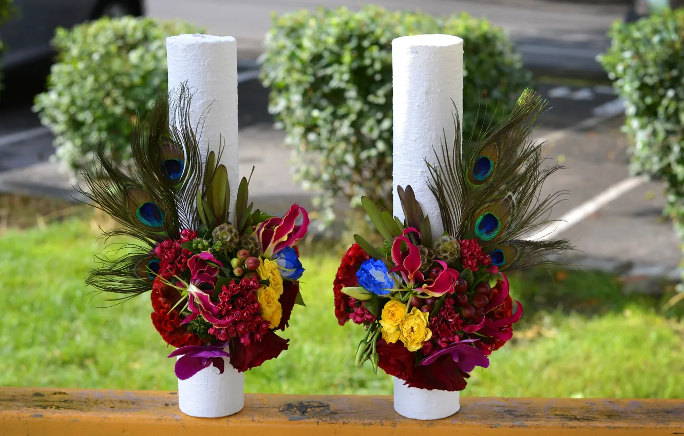 Photo wallpaper photo, roses, bouquet, Orchid, eustoma, Calla lilies, two colors