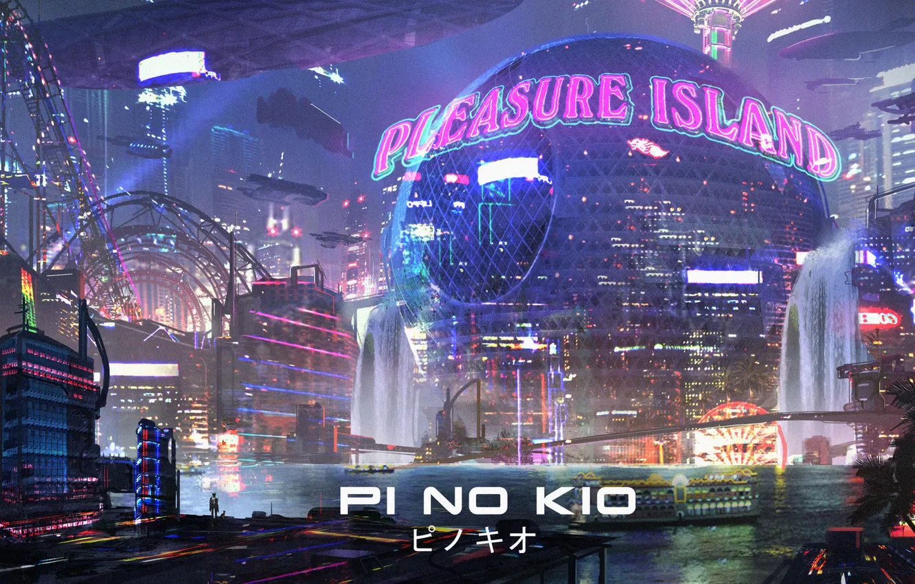 Photo wallpaper night, the city, river, fiction, megapolis, sci-fi, Cyberpunk, pleasure island