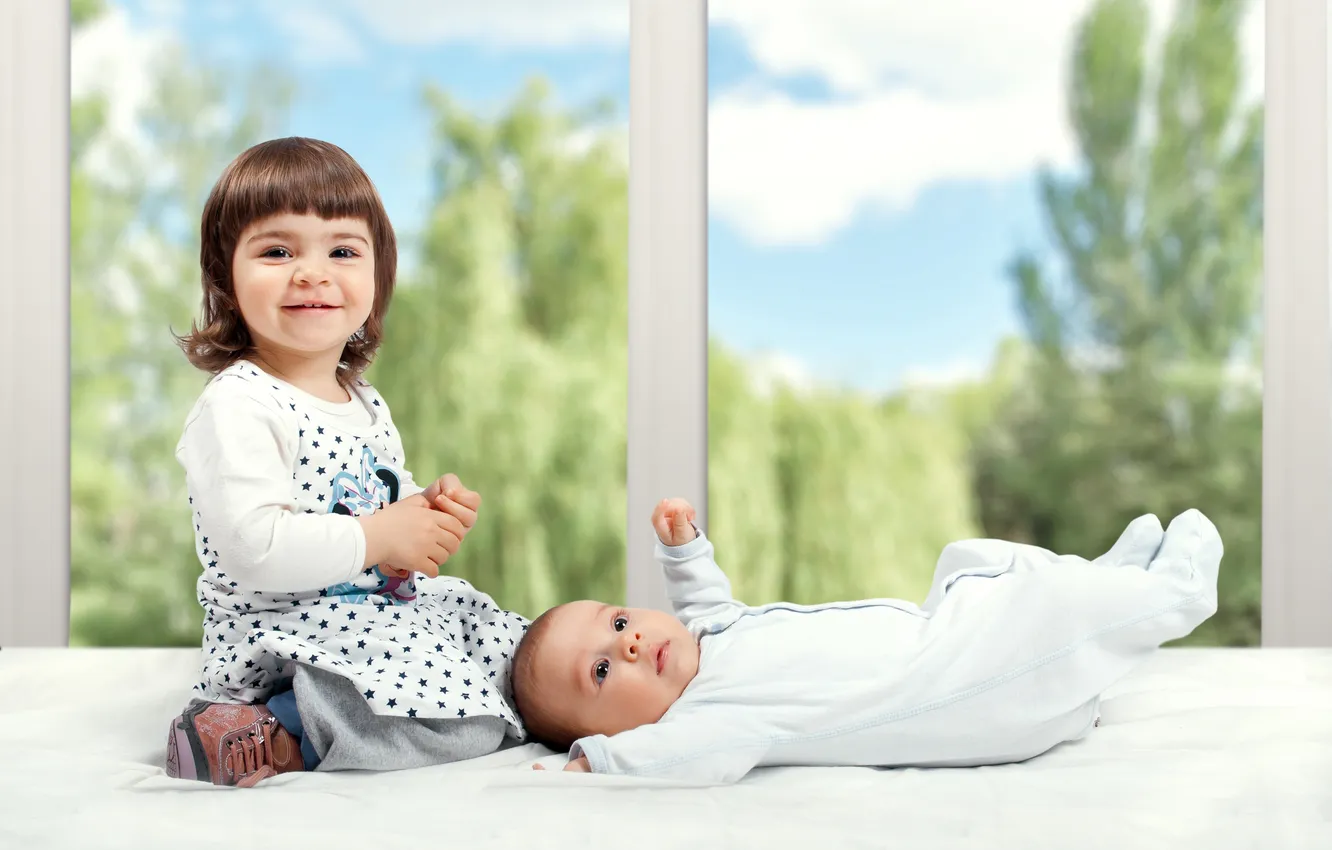 Photo wallpaper greens, joy, children, window, girl, sill, baby