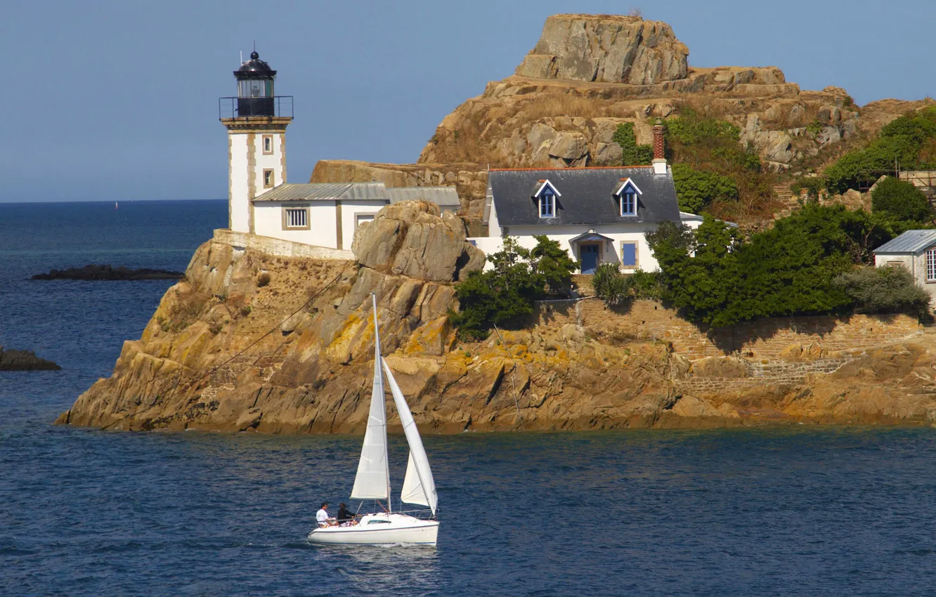 Photo wallpaper sea, the sky, trees, rock, house, boat, lighthouse, yacht
