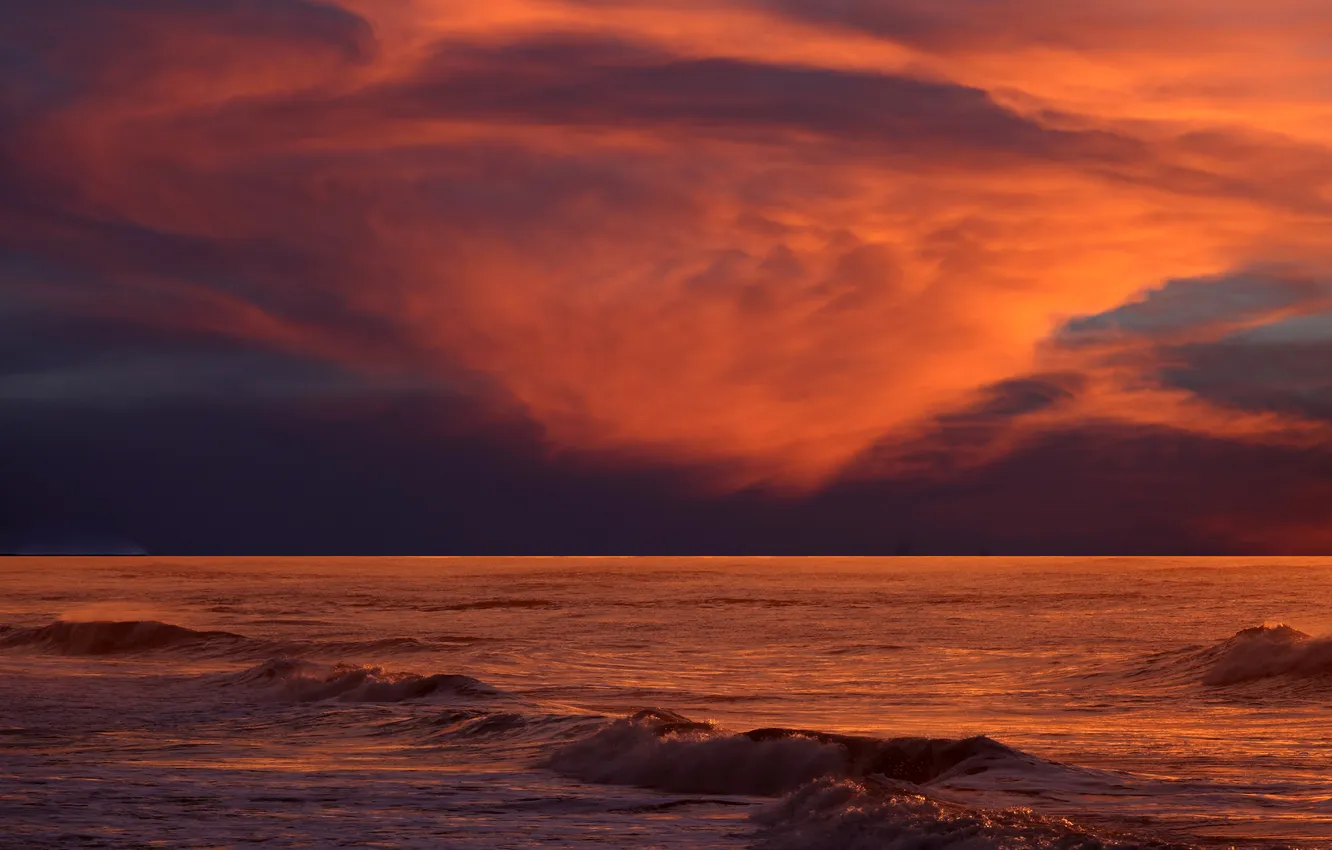 Photo wallpaper sea, wave, clouds, sunset