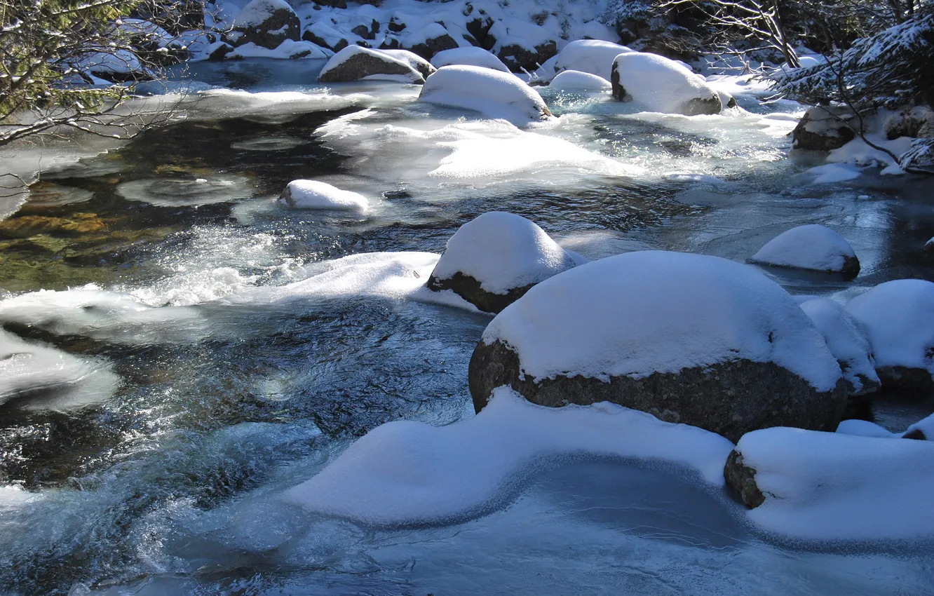 Photo wallpaper snow, river, stones, ice, frost