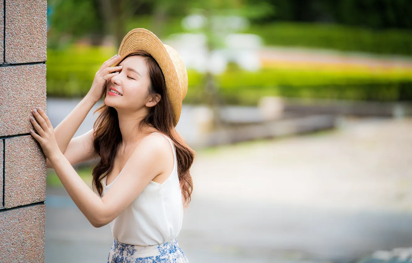 Photo wallpaper pose, hat, Mike, brown hair, Asian, cutie, bokeh