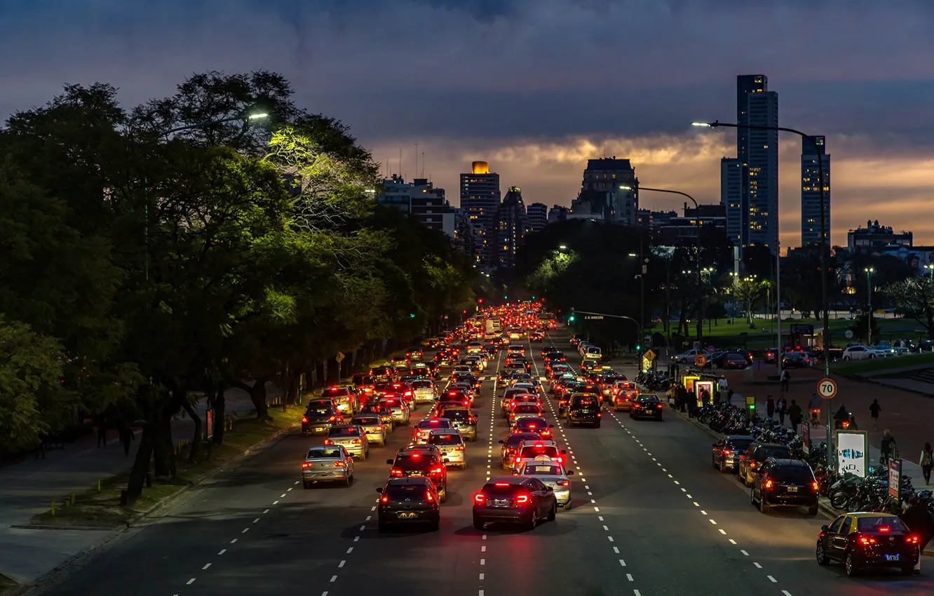 Photo wallpaper twilight, cars, Argentina, night, rush, people, dusk, traffic