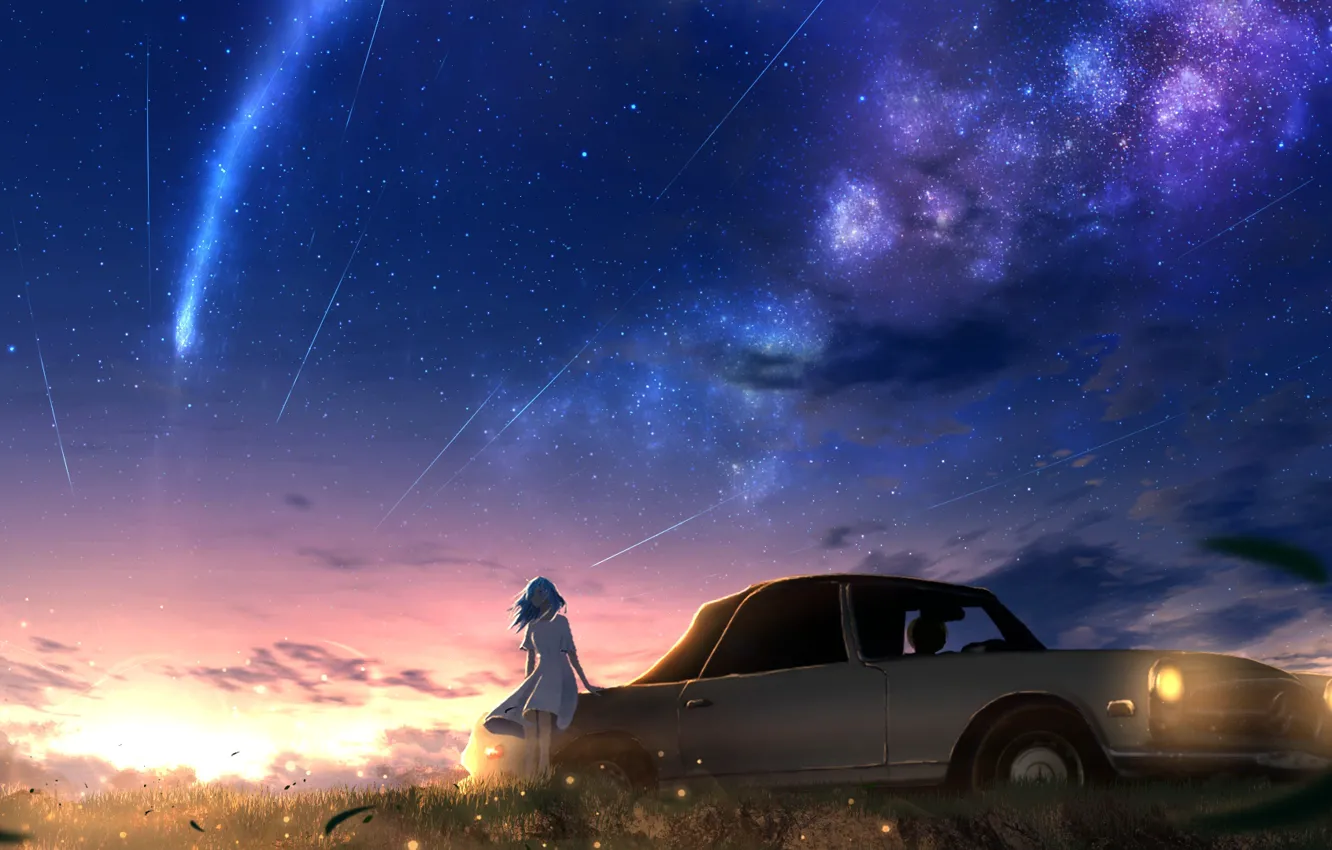 Photo wallpaper auto, the sky, girl, sunset