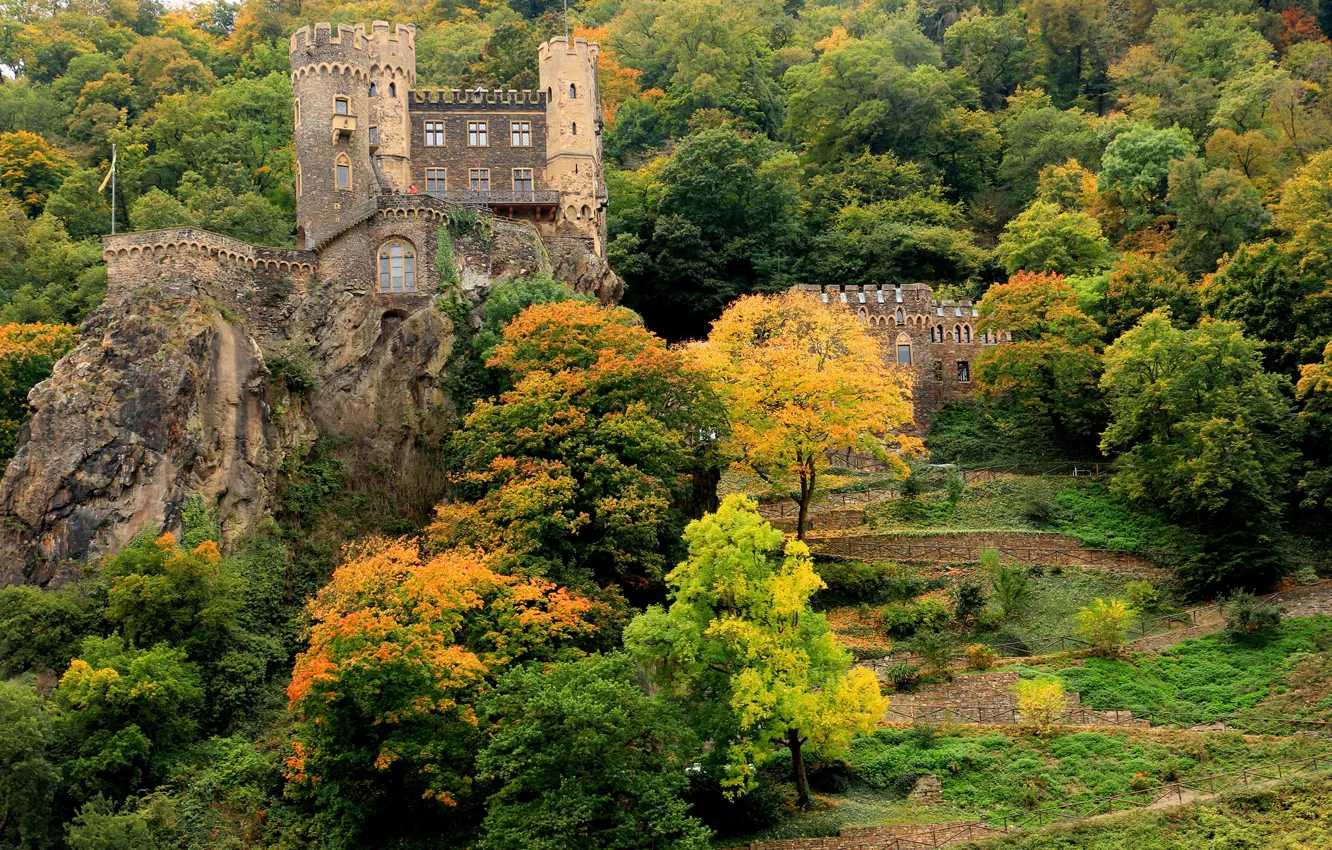 Photo wallpaper autumn, trees, rock, castle, Germany, Marksburg Castle