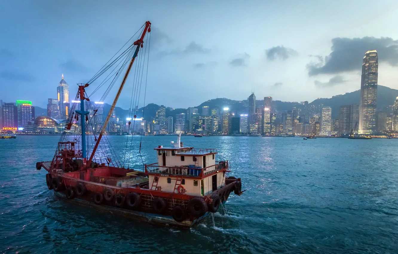 Photo wallpaper the city, ship, Hong Kong Bay