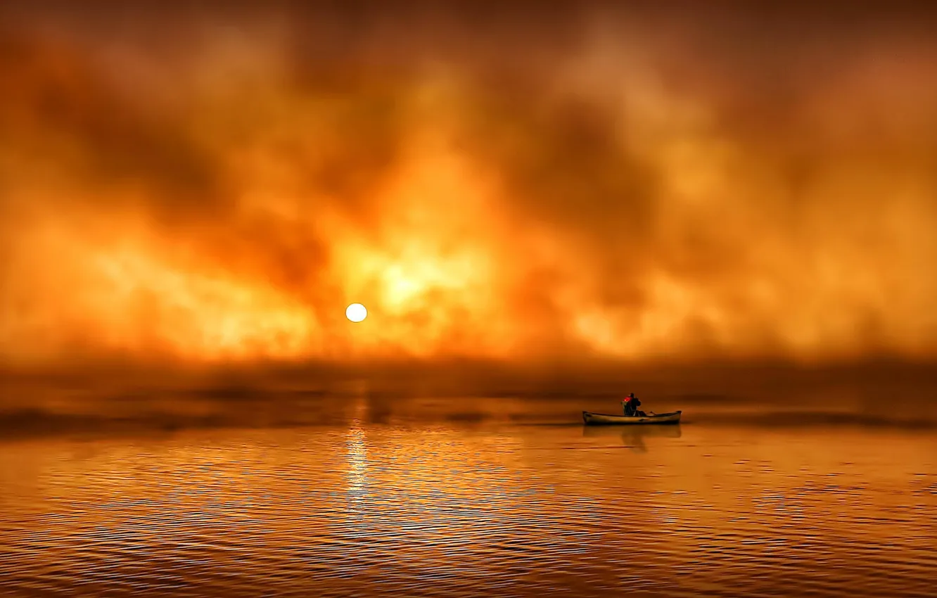 Photo wallpaper wave, the sun, sunrise, Canoeing in the fog