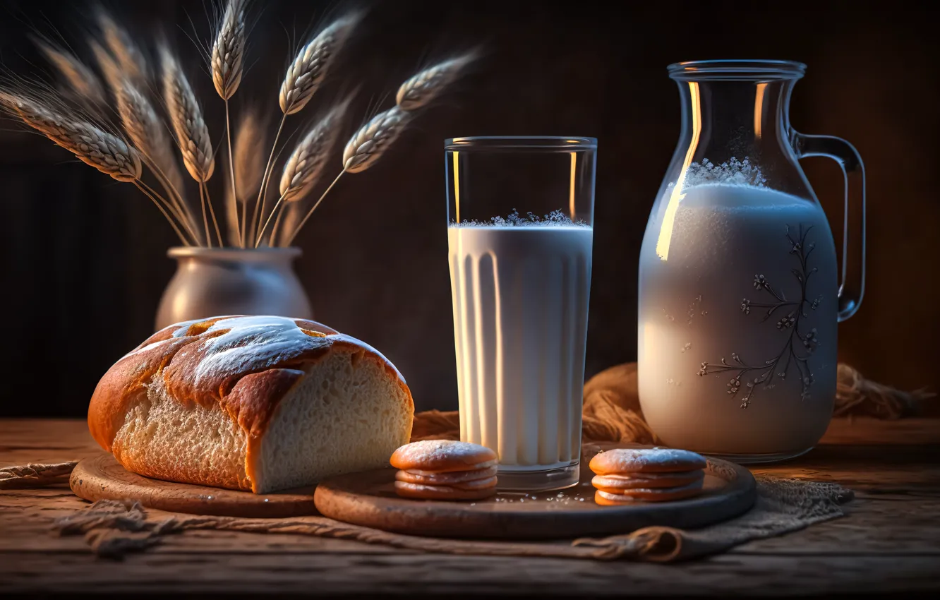 Photo wallpaper glass, glass, table, Board, bouquet, milk, cookies, bread