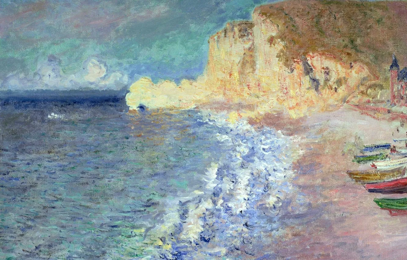 Photo wallpaper sea, landscape, shore, picture, boats, Claude Monet, Morning at Etretat