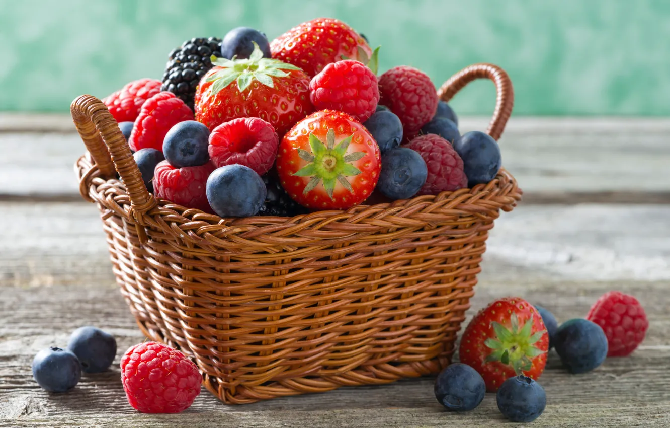 Photo wallpaper berries, raspberry, basket, strawberry, blueberries