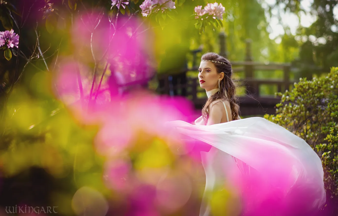 Photo wallpaper look, girl, nature, pose, makeup, dress, fantasy, outfit