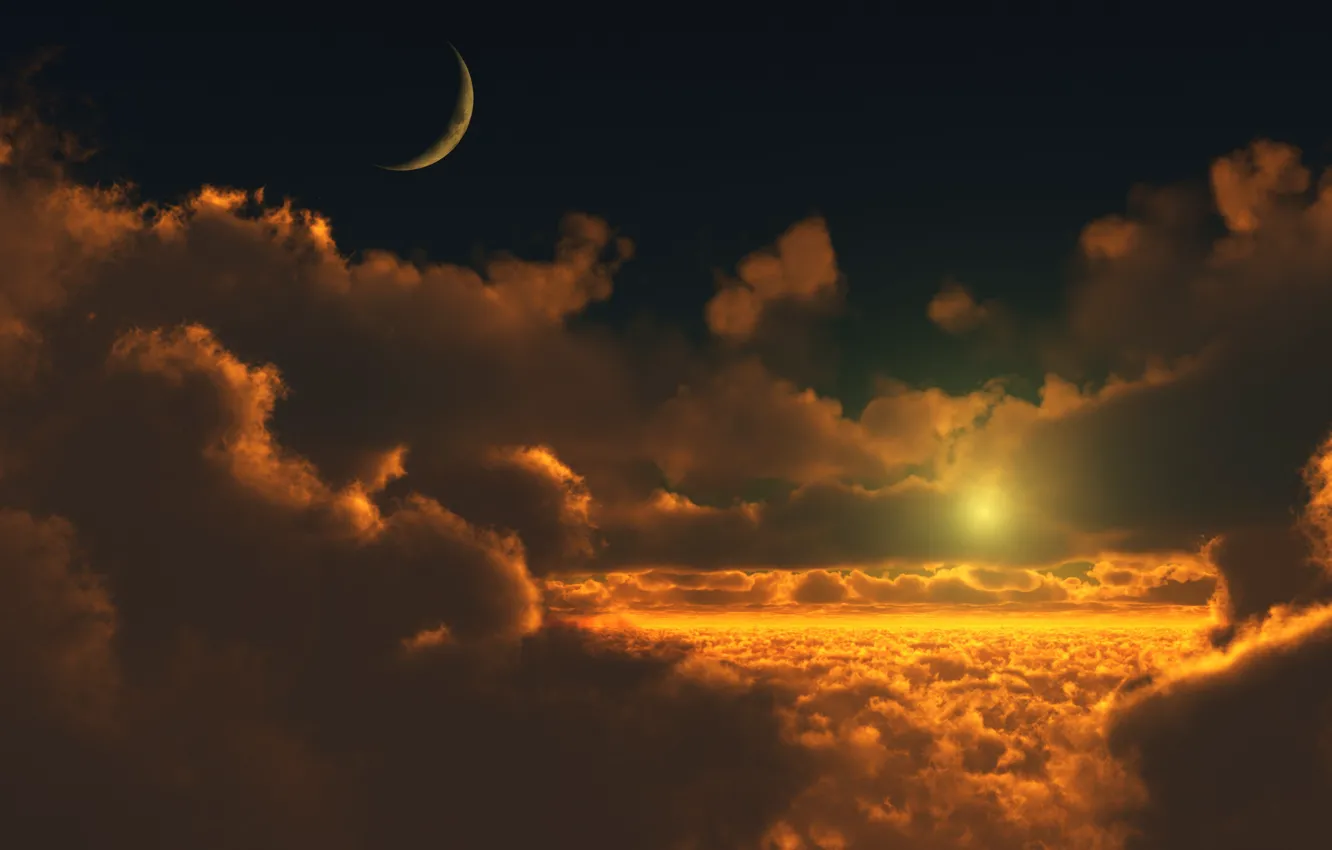 Photo wallpaper the sun, the moon, Clouds