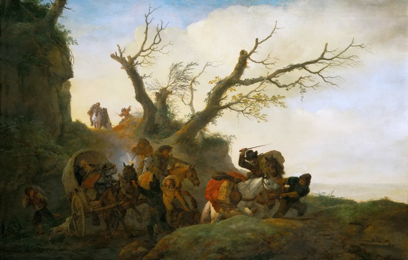 Photo wallpaper landscape, people, picture, wagon, genre, Attack on a group of travellers, Philips Wouwerman