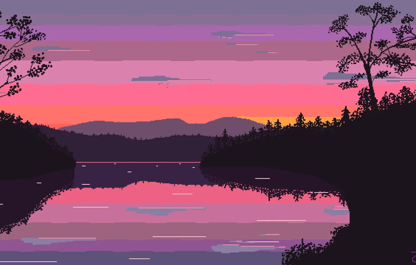 Photo wallpaper sunset, lake, minimalism, pixels