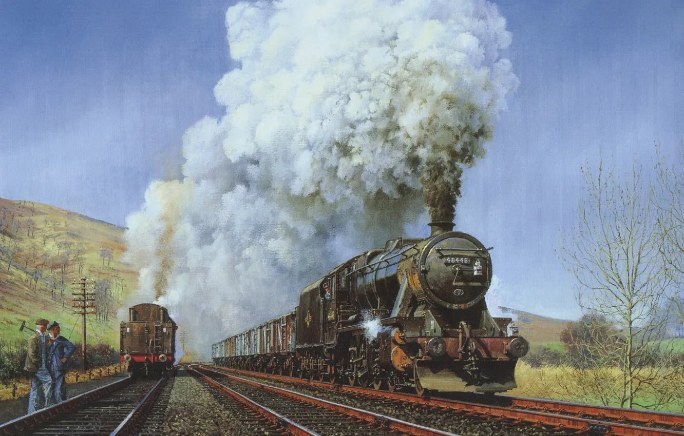 Photo wallpaper nature, smoke, rails, Train, men