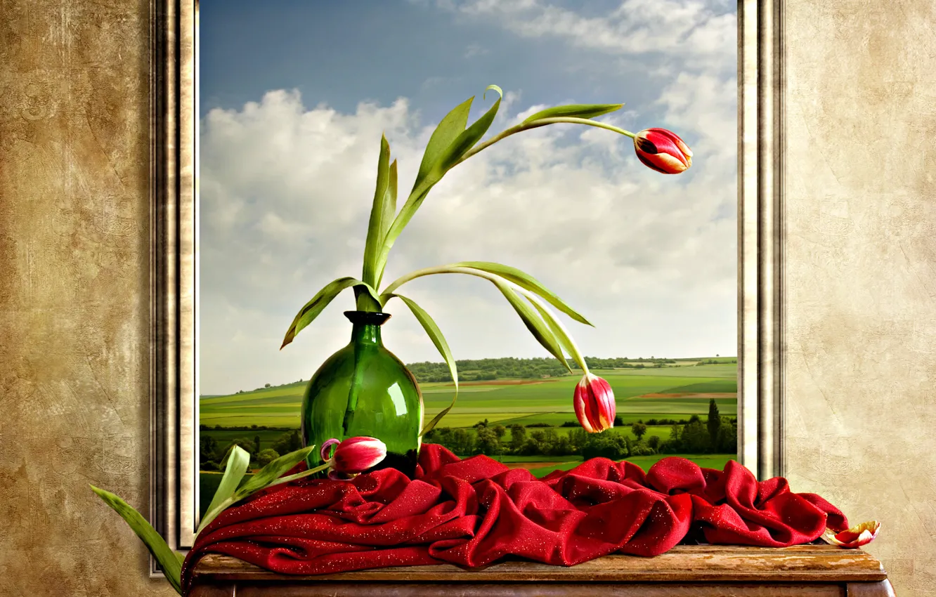 Photo wallpaper light, picture, Wall, tulips, vase