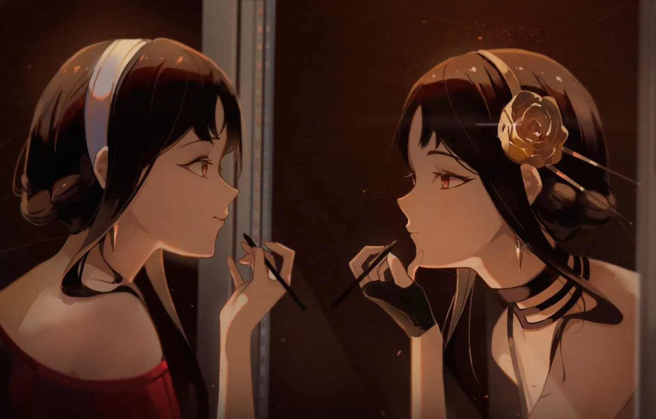 Photo wallpaper smile, reflection, anime, mirror, anime, brush, anime girls, Anime girl