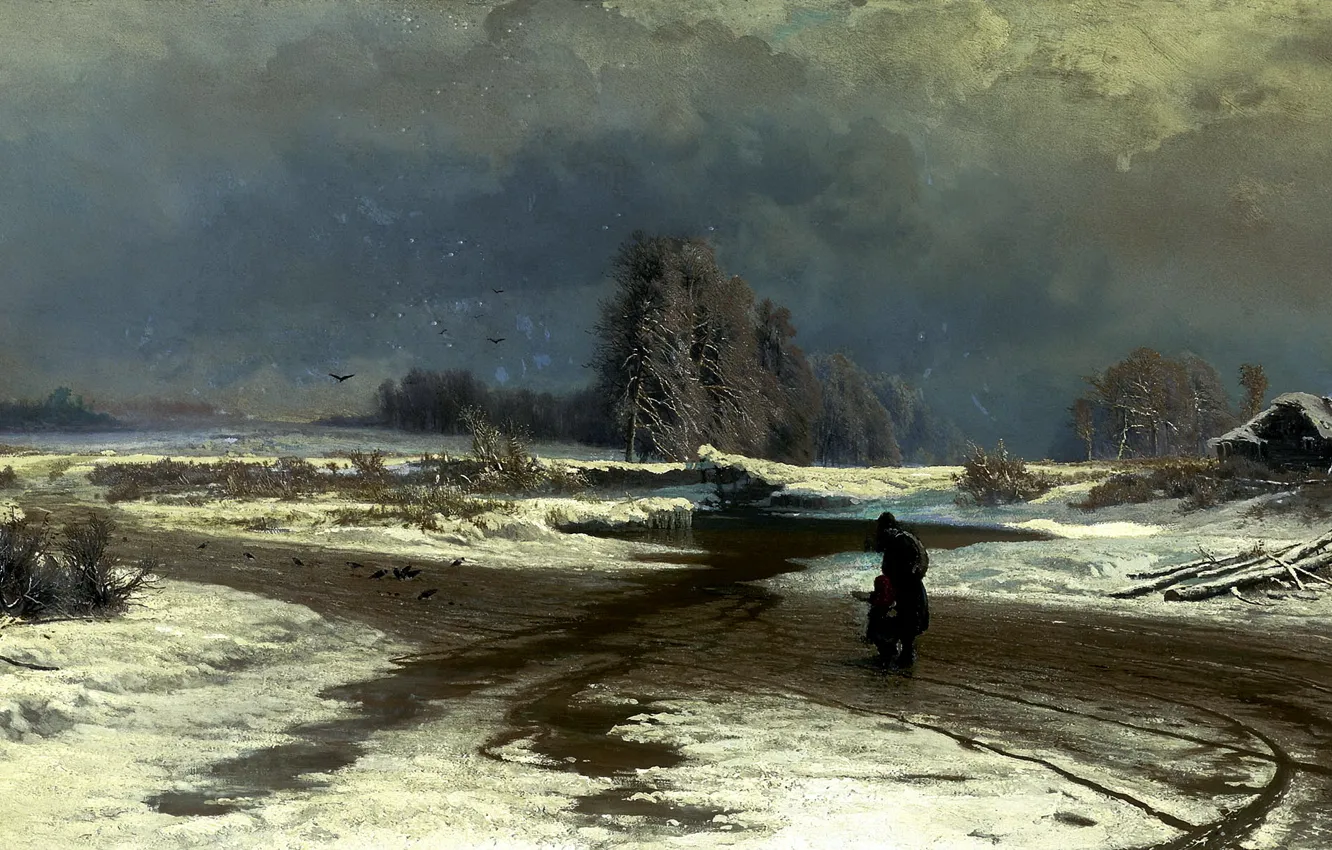 Photo wallpaper road, the sky, water, clouds, snow, children, bird, people