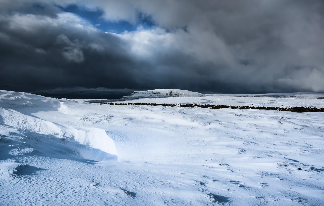 Photo wallpaper winter, field, the sky, clouds, snow, landscape, mountains, clouds