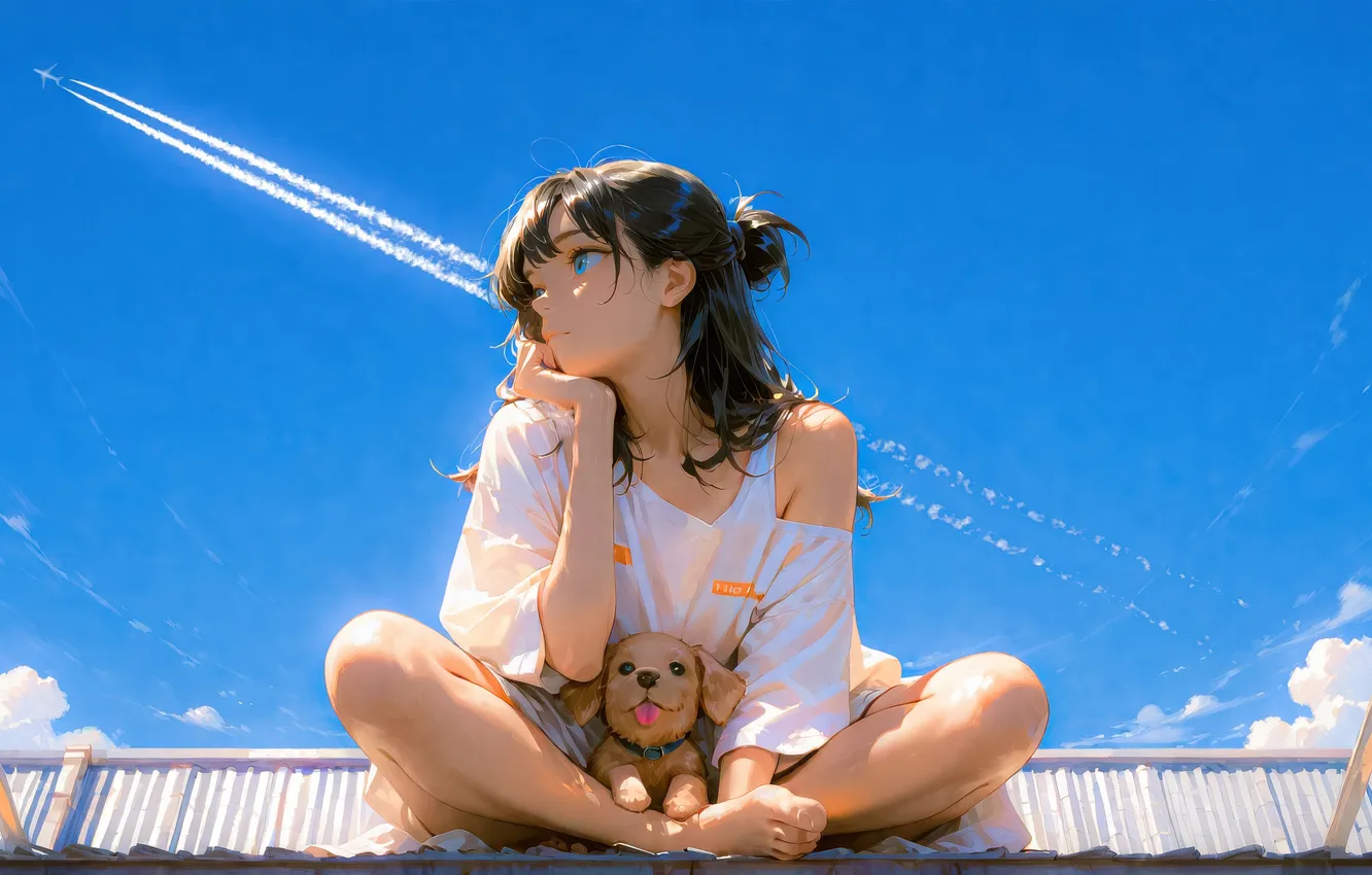 Photo wallpaper girl, love, puppy, anime