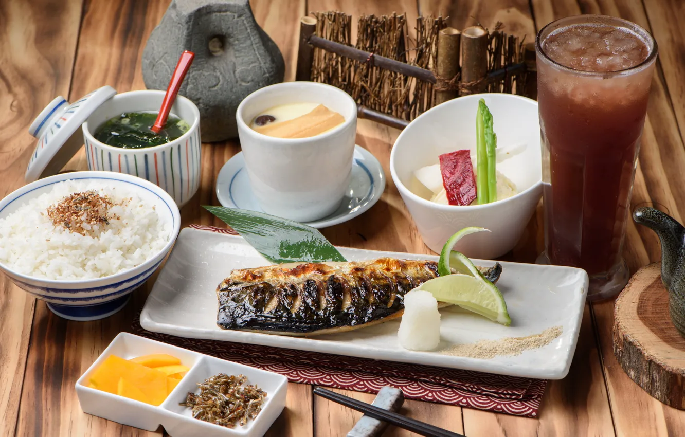 Photo wallpaper fish, drink, figure, vegetables, seafood, cuts