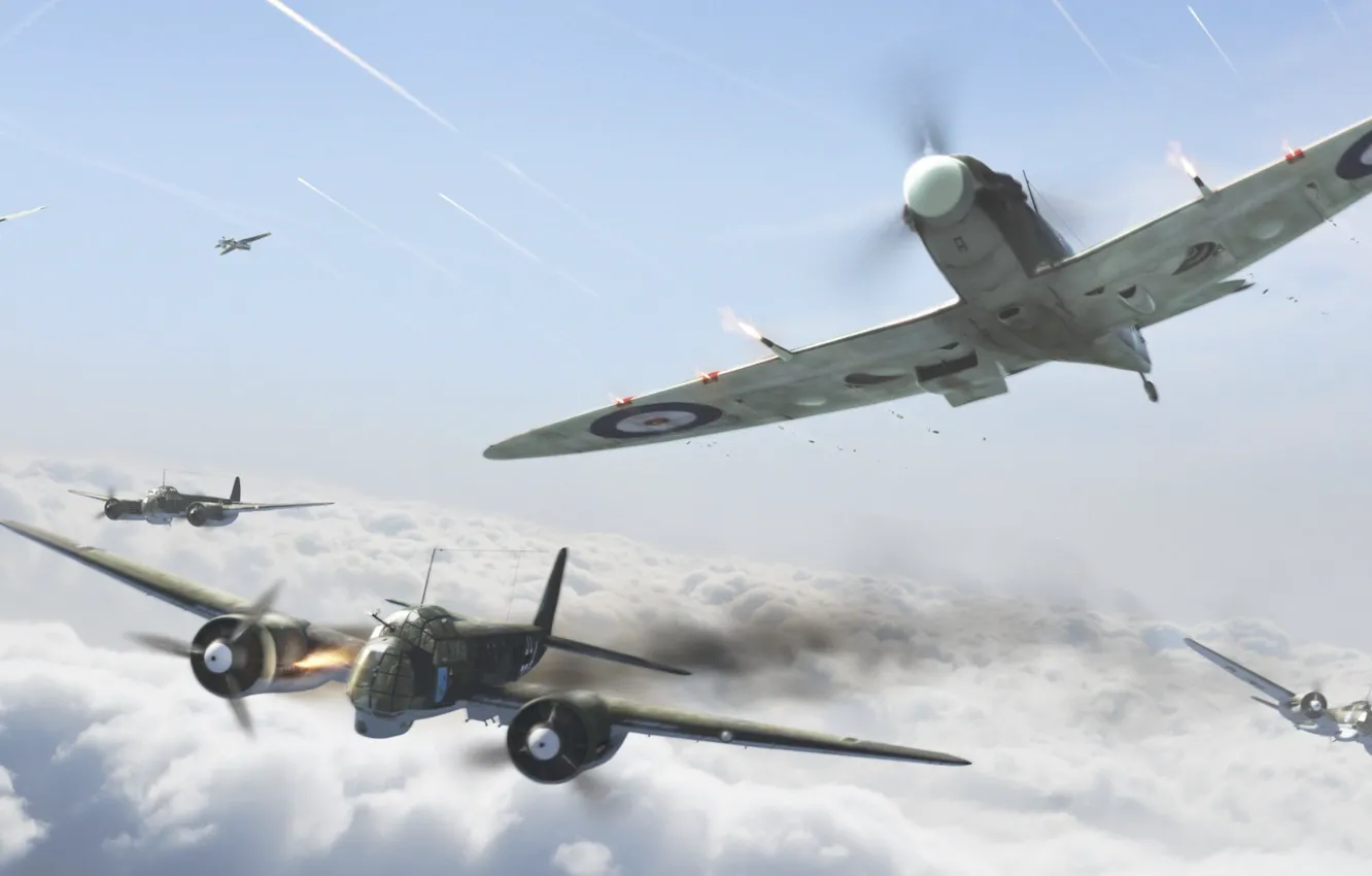 Photo wallpaper aircraft, war, spitfire, airplane, aviation, ww2, dogfight, ju-88