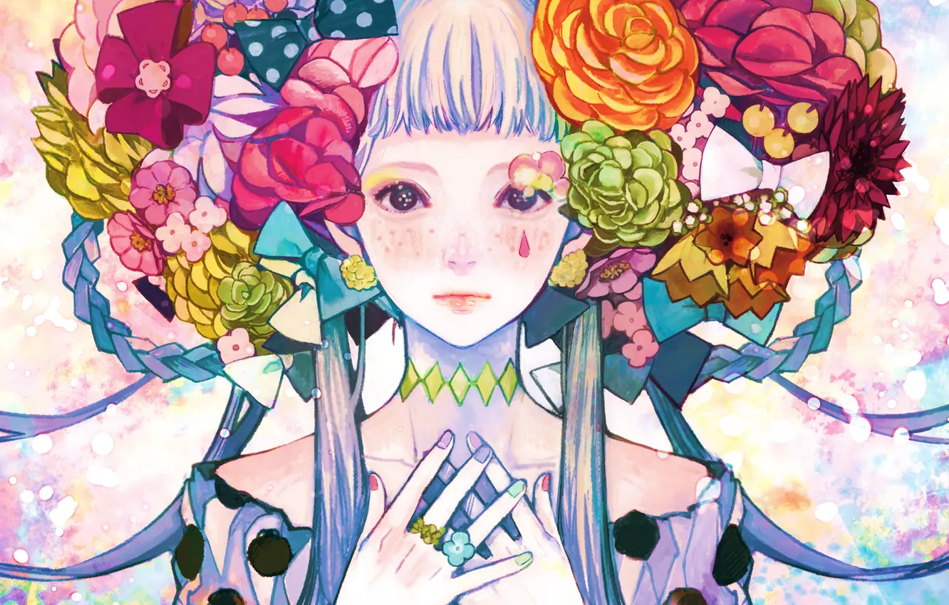 Photo wallpaper girl, drops, flowers, anime, ring, art, tape, bow