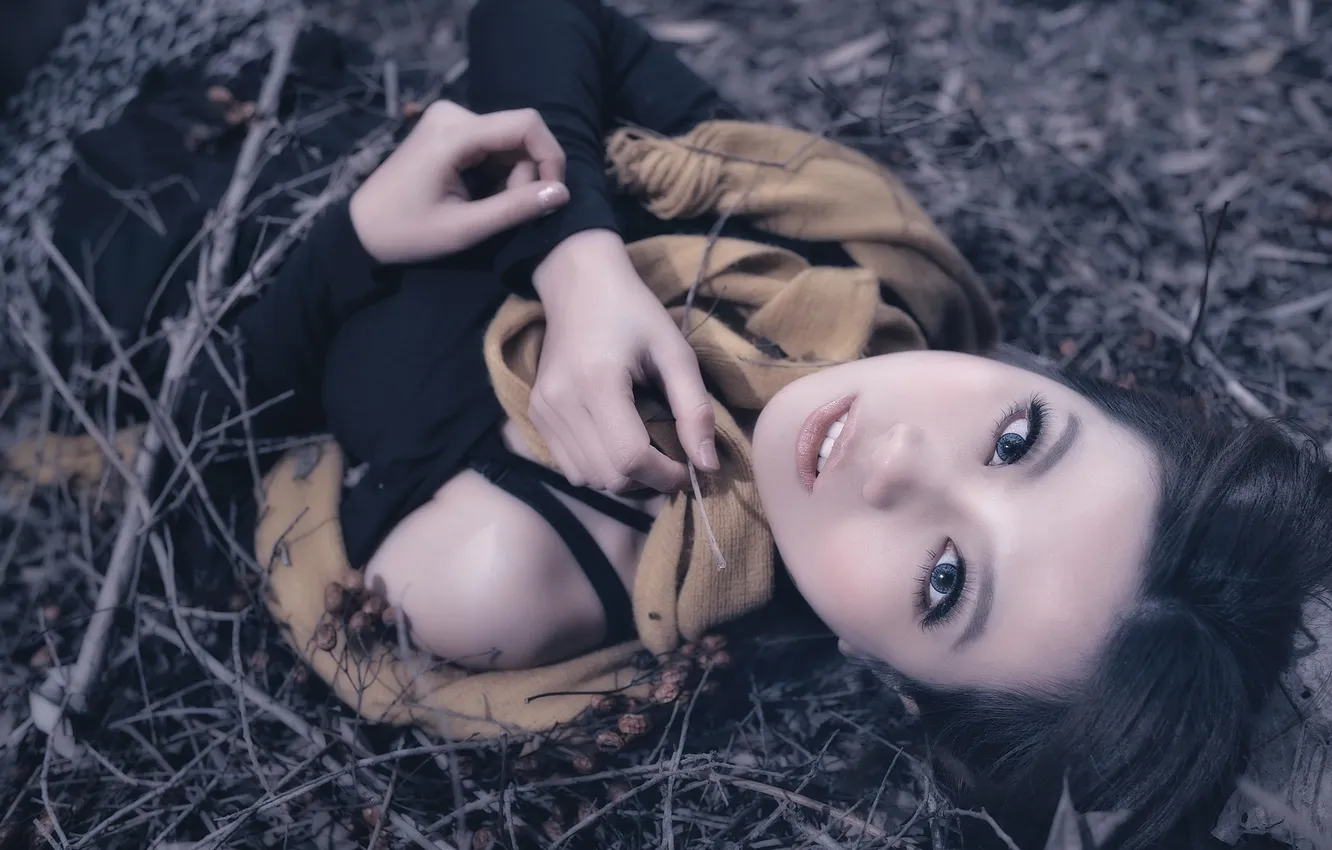 Photo wallpaper look, girl, branches, face, eyelashes, hair, hands, lies