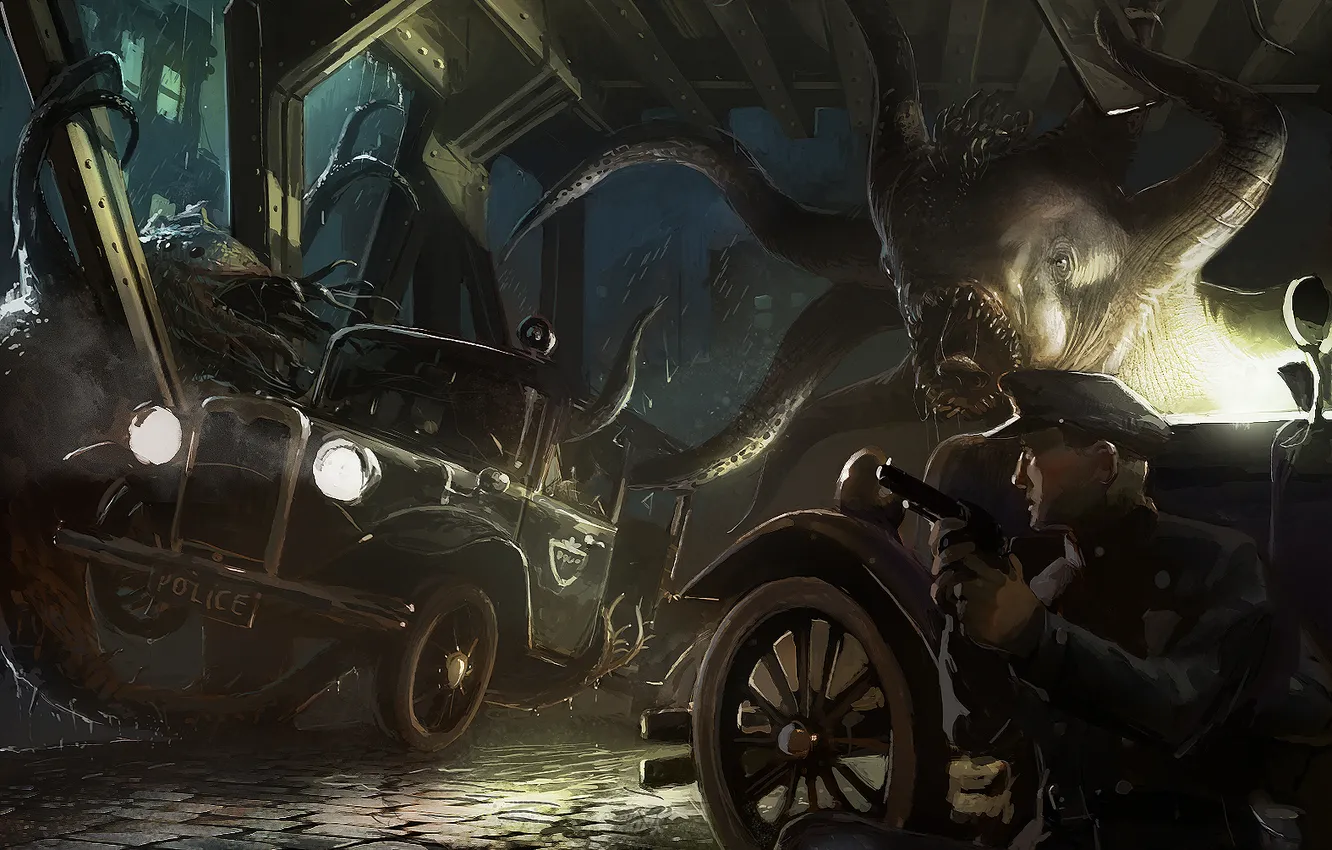 Photo wallpaper machine, building, police, monster, Howard Phillips Lovecraft, The Call Of Cthulhu