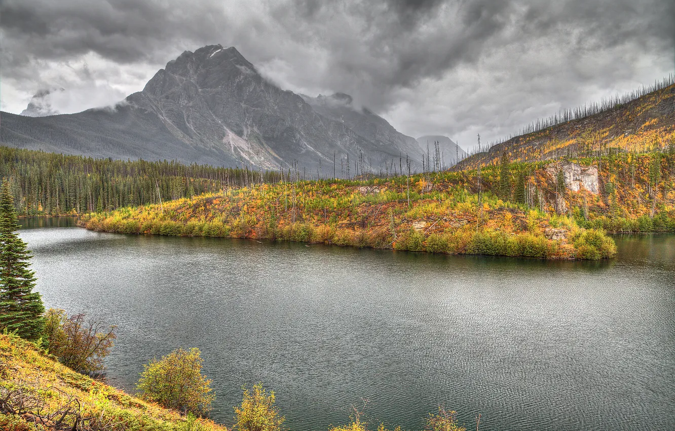 Photo wallpaper autumn, the sky, grass, trees, mountains, clouds, river