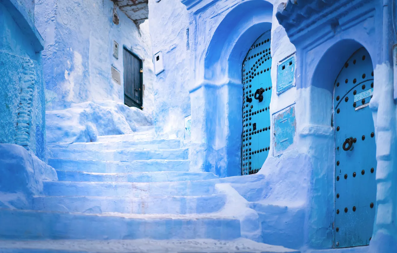 Photo wallpaper the door, ladder, Morocco, Morocco, Chefchaouen, Chefchaouene, blue walls