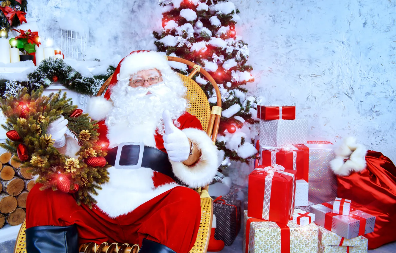 Photo wallpaper winter, box, gift, balls, toy, tree, new year, garland