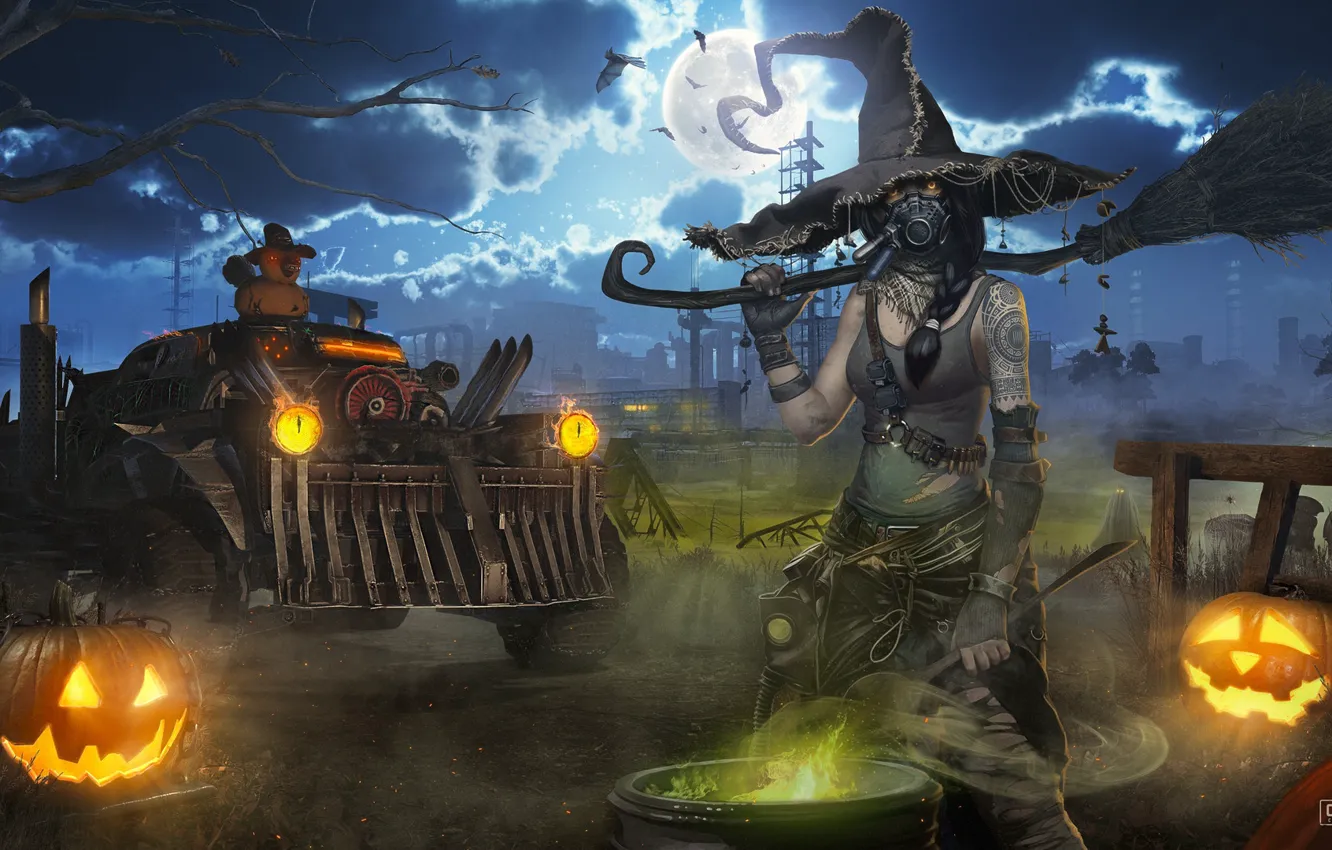 Photo wallpaper night, pumpkin, witch, car, crossout helloween