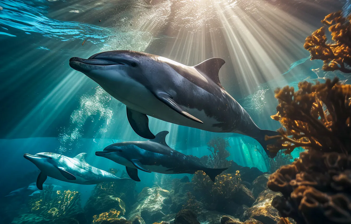 Photo wallpaper The sun, Dolphins, Underwater world, Three, The Rays Of The Sun, Digital art, Coral, AI …