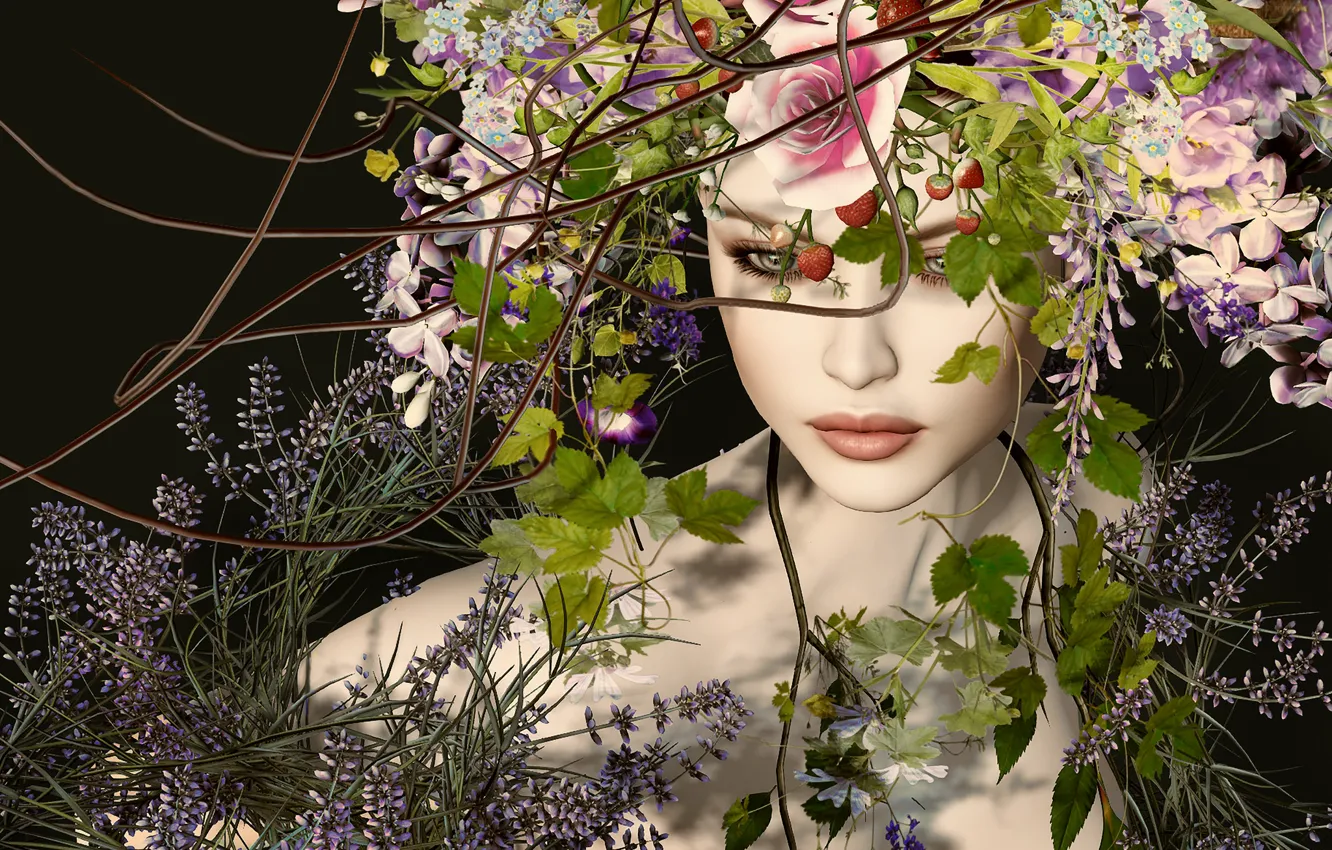 Photo wallpaper girl, flowers, face, wreath