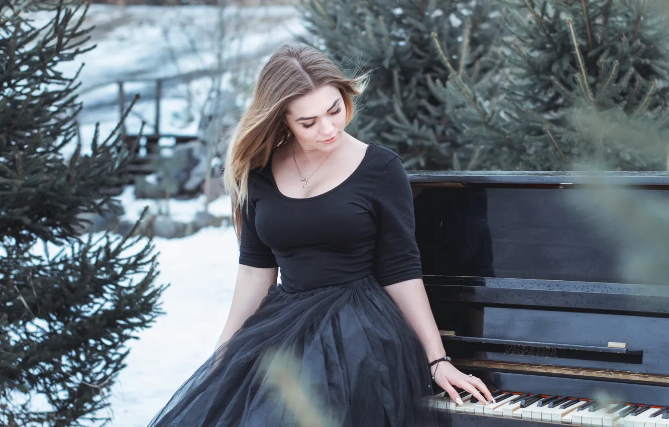 Photo wallpaper winter, girl, snow, tree, dress, piano