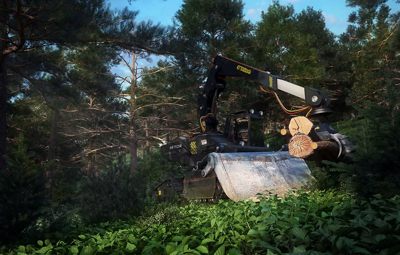 Photo wallpaper forest, tractor, cutting, Forest Vehicle
