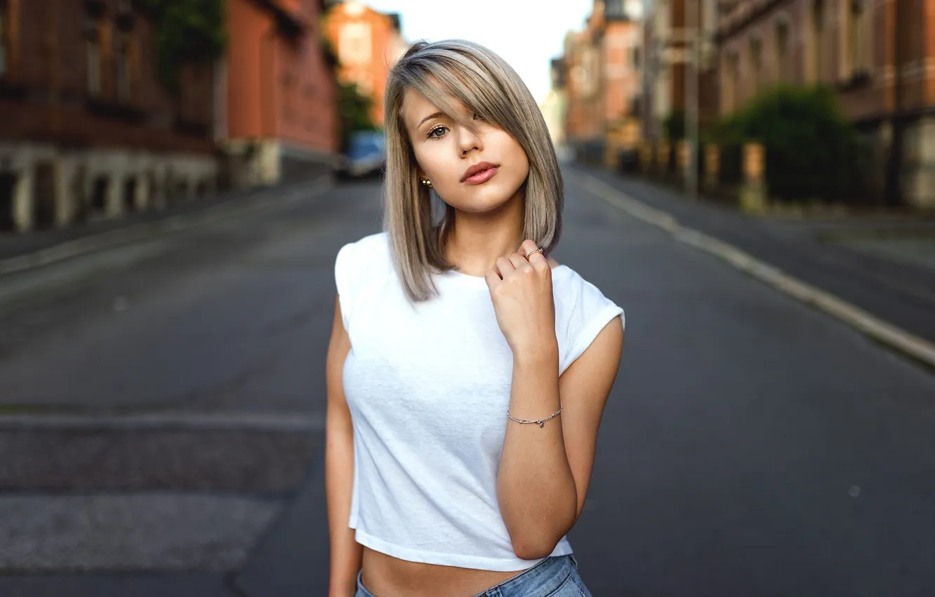 Photo wallpaper girl, model, look, blonde, cute, bracelet, tank top