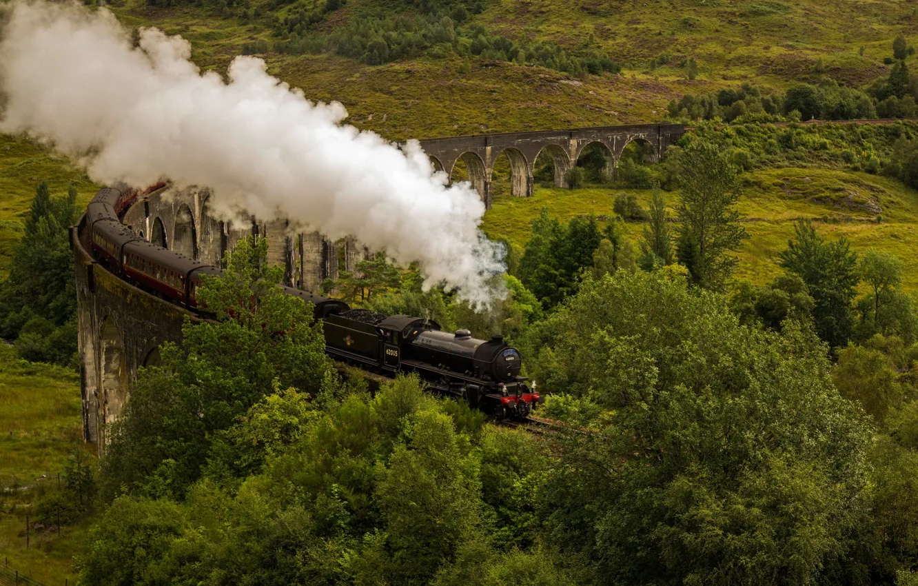 Photo wallpaper smoke, train, the engine, Scotland, viaduct, Glenfinnan