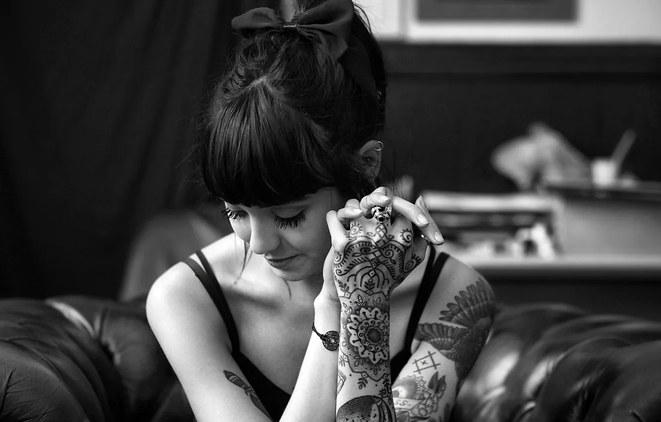 Photo wallpaper girl, woman, model, tattoo, brunette, black and white, tattoos, female