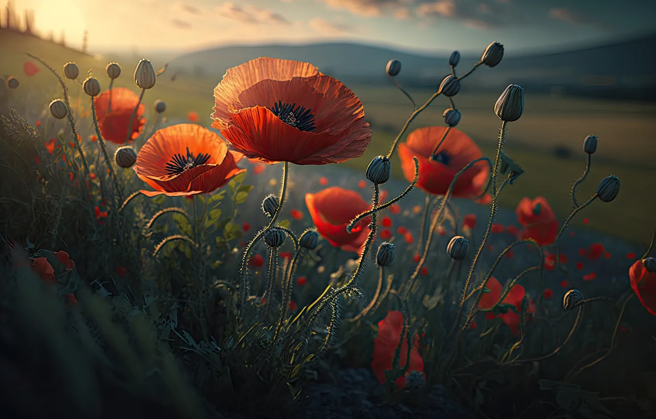 Photo wallpaper field, summer, the sky, light, flowers, red, hills, Mac